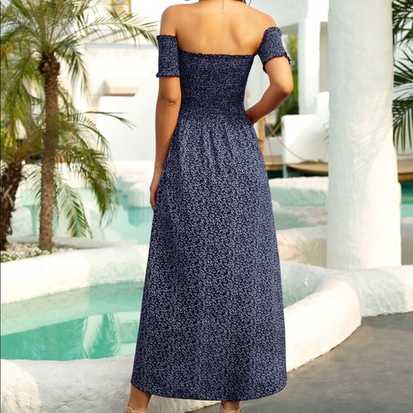 Boho Off Shoulder Wrap Print Smocked Bodice Maxi Dress Navy Blue - Picture 6 of 7